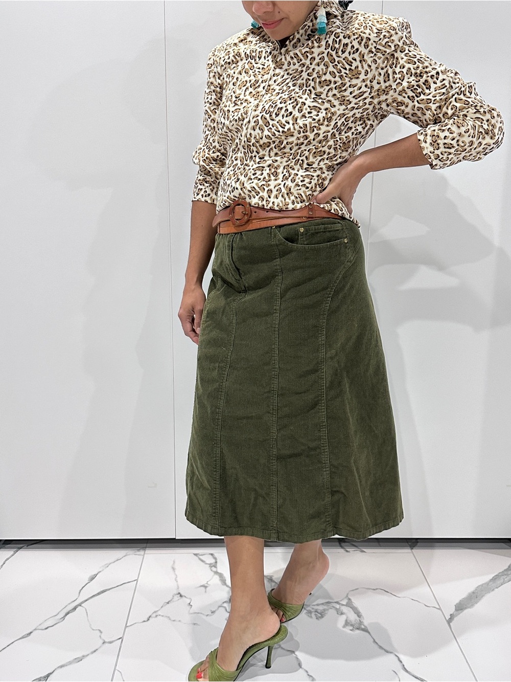 Christopher & Banks Olive Corduroy Midi Skirt - Picture 2 of 7